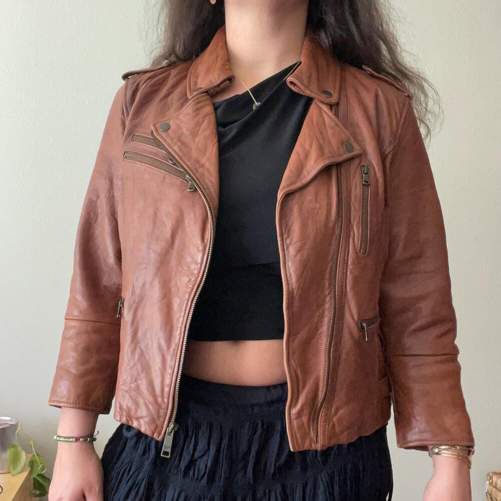 Y2K vintage 2000s brown leather moto jacket levis downtown girl indie sleaze M/L
